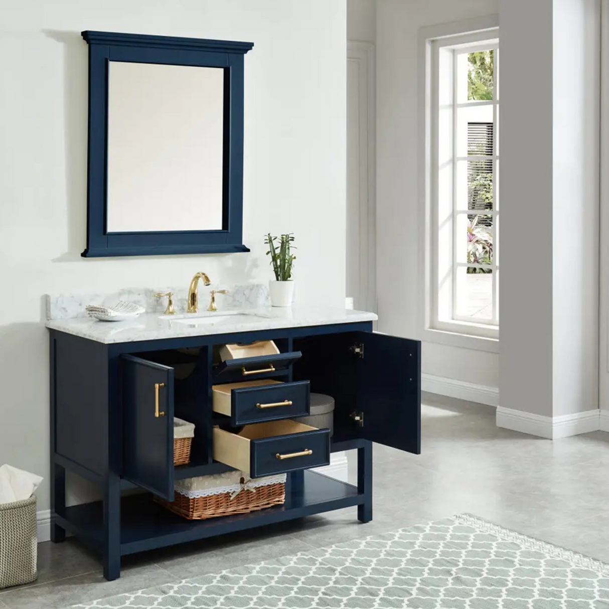 48" Manhattan Freestanding Solid Wood Bathroom Vanity in Navy Blue with Natural Carrara White Marble Sink Top with 4 In. Backsplash