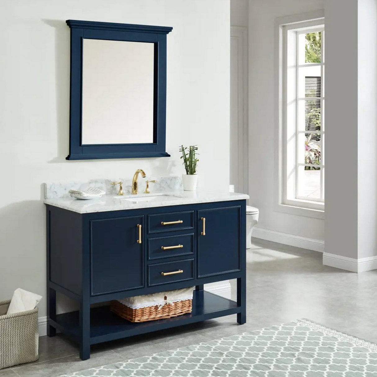 48" Manhattan Freestanding Solid Wood Bathroom Vanity in Navy Blue with Natural Carrara White Marble Sink Top with 4 In. Backsplash