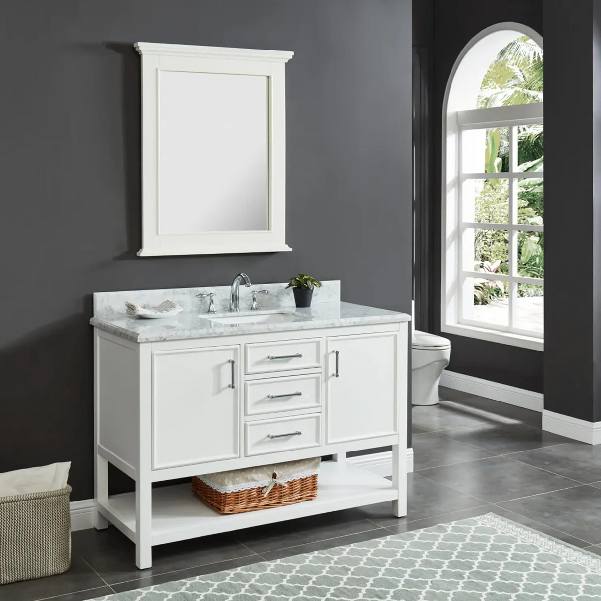 48" Manhattan Freestanding Solid Wood Bathroom Vanity in White with Natural Carrara White Marble Sink Top with 4 In. Backsplash