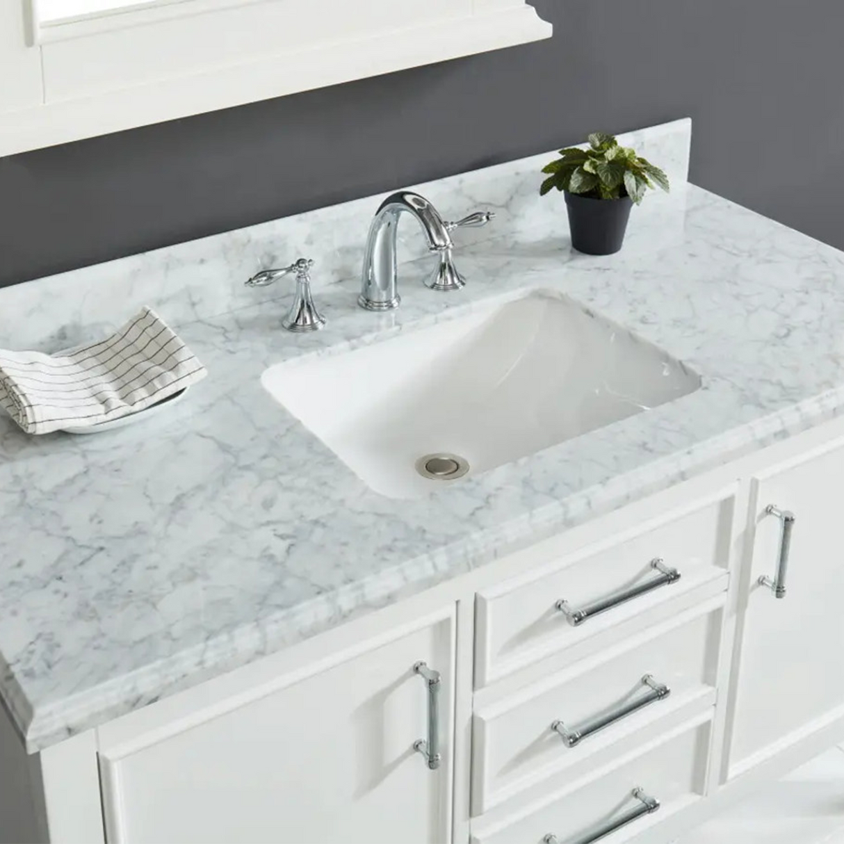 48" Manhattan Freestanding Solid Wood Bathroom Vanity in White with Natural Carrara White Marble Sink Top with 4 In. Backsplash