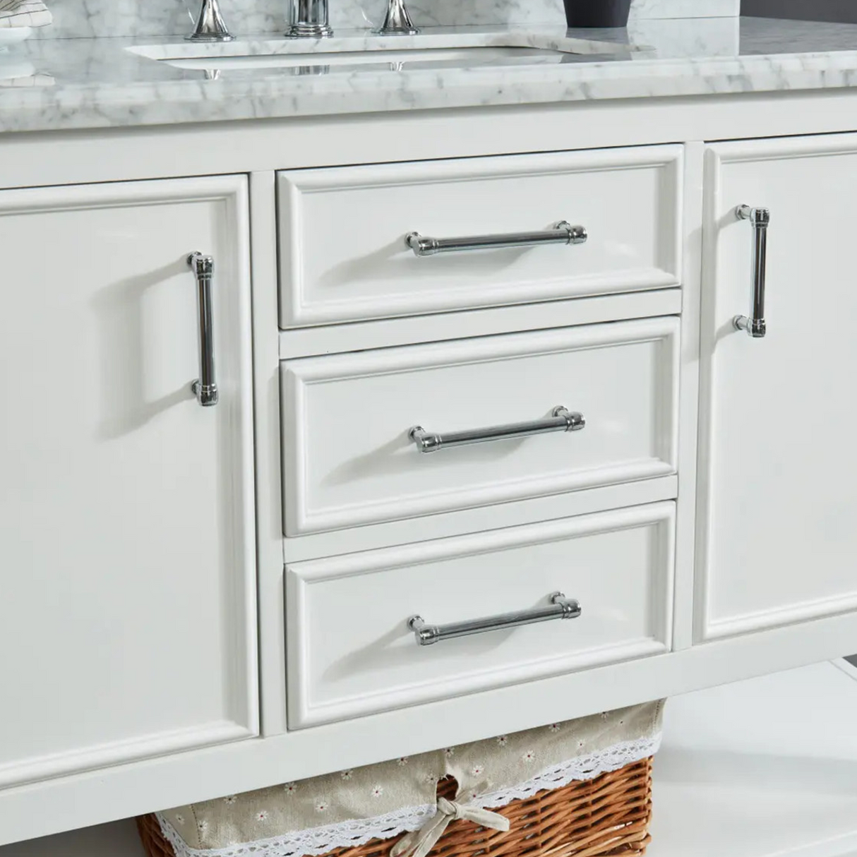 48" Manhattan Freestanding Solid Wood Bathroom Vanity in White with Natural Carrara White Marble Sink Top with 4 In. Backsplash