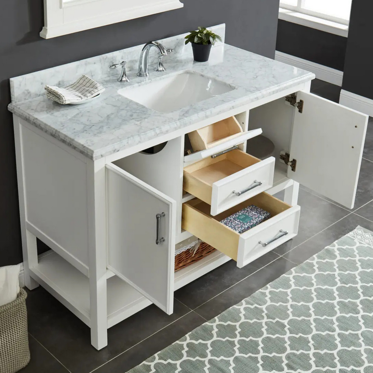 48" Manhattan Freestanding Solid Wood Bathroom Vanity in White with Natural Carrara White Marble Sink Top with 4 In. Backsplash