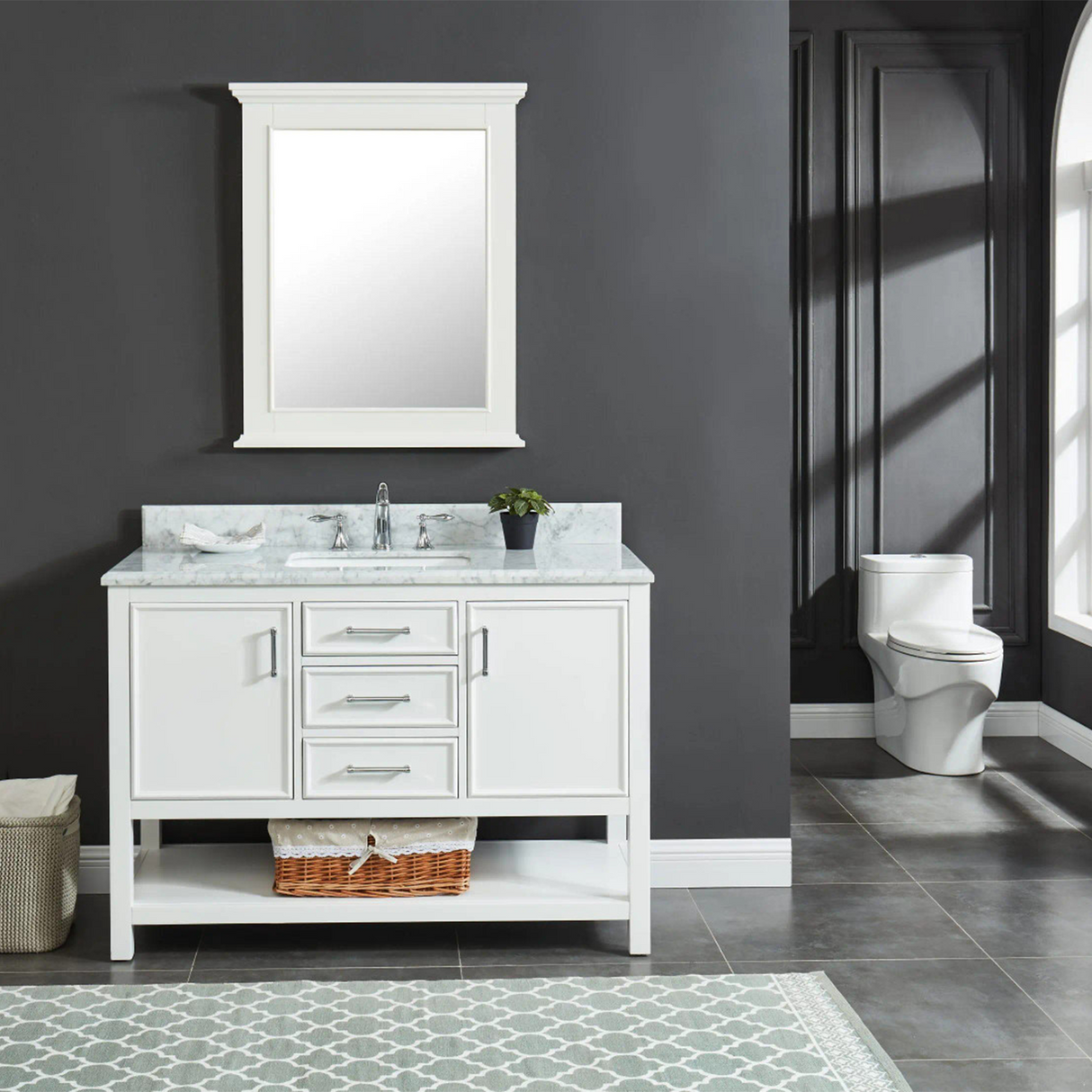 48" Manhattan Freestanding Solid Wood Bathroom Vanity in White with Natural Carrara White Marble Sink Top with 4 In. Backsplash