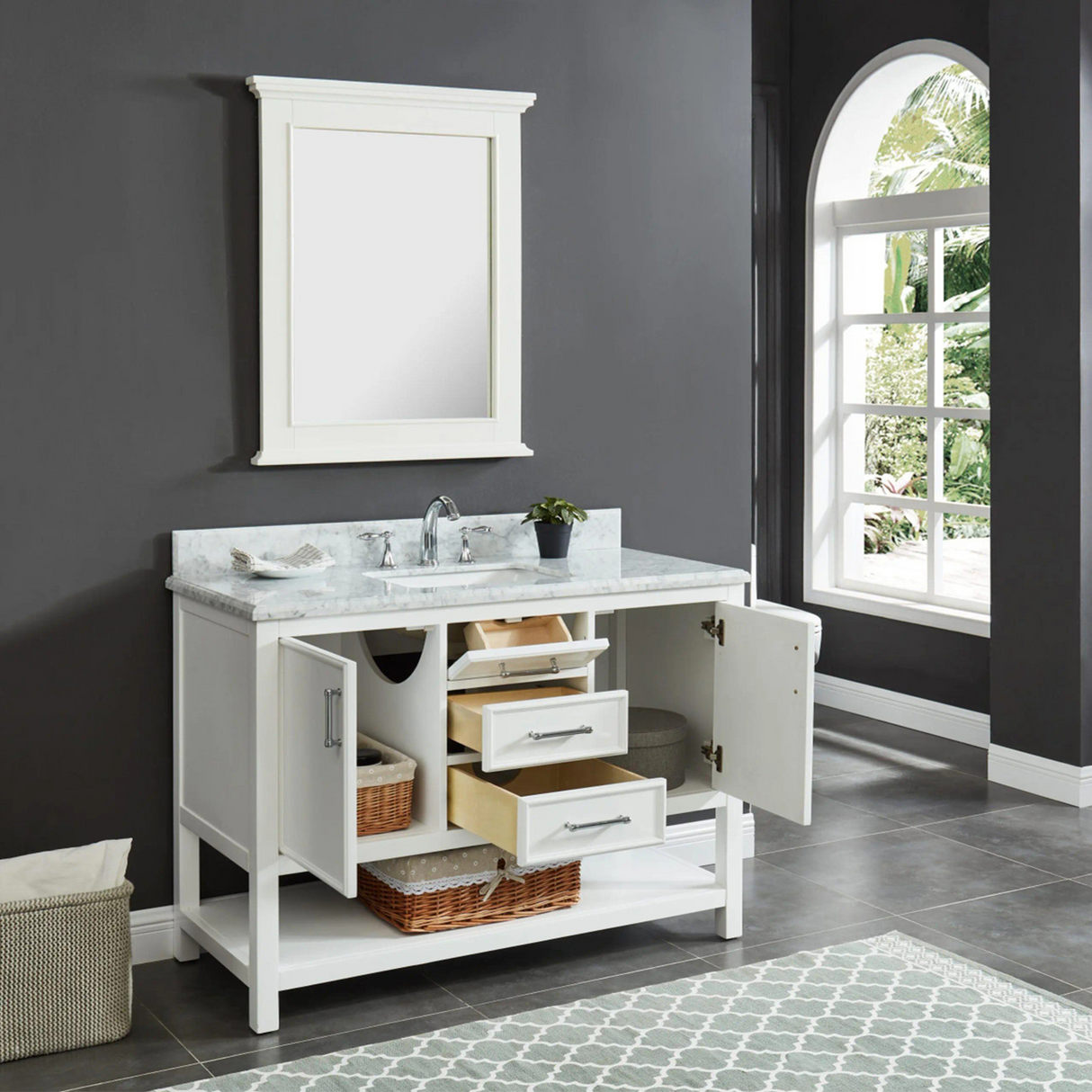 48" Manhattan Freestanding Solid Wood Bathroom Vanity in White with Natural Carrara White Marble Sink Top with 4 In. Backsplash