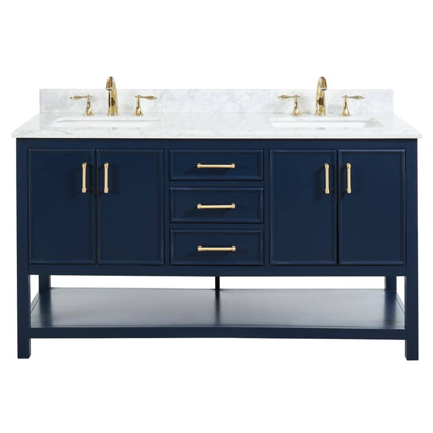 60" Manhattan Freestanding Solid Wood Bathroom Vanity in Navy Blue with Natural Carrara White Marble Double Sink Top with 4 In. Backsplash