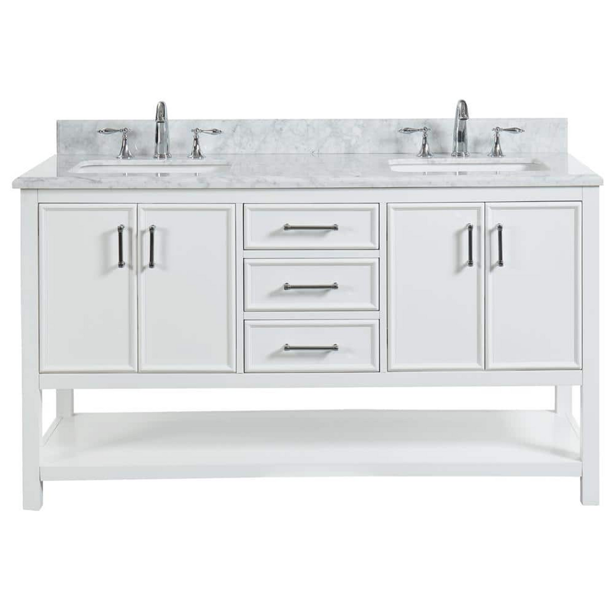 60" Manhattan Freestanding Solid Wood Bathroom Vanity in White with Natural Carrara White Marble Double Sink Top with 4 In. Backsplash
