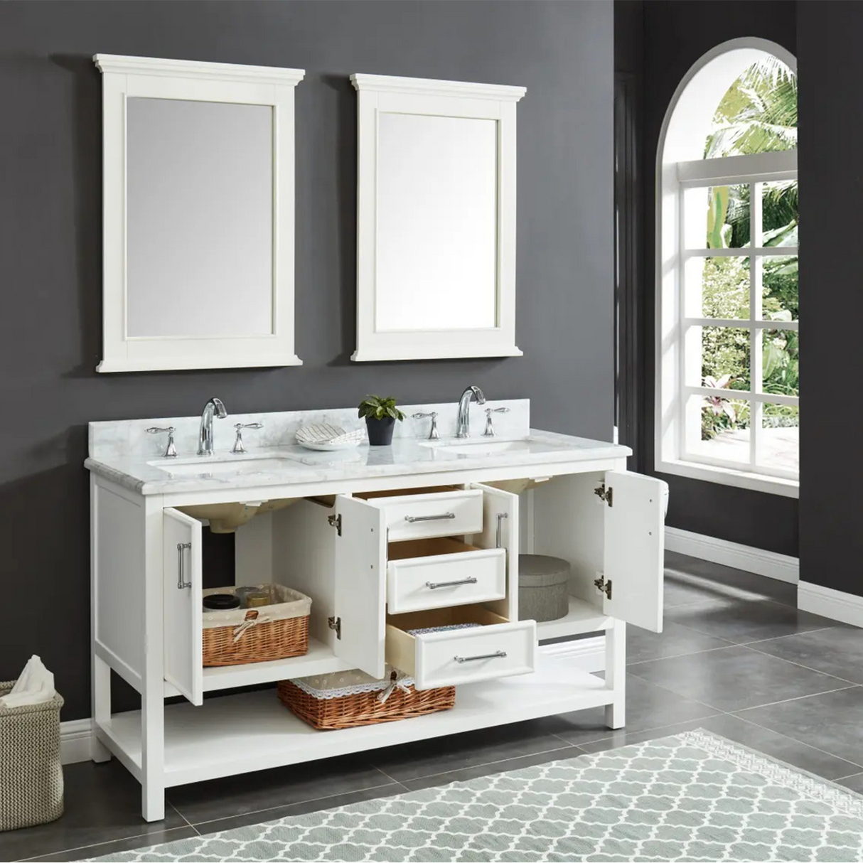 60" Manhattan Freestanding Solid Wood Bathroom Vanity in White with Natural Carrara White Marble Double Sink Top with 4 In. Backsplash
