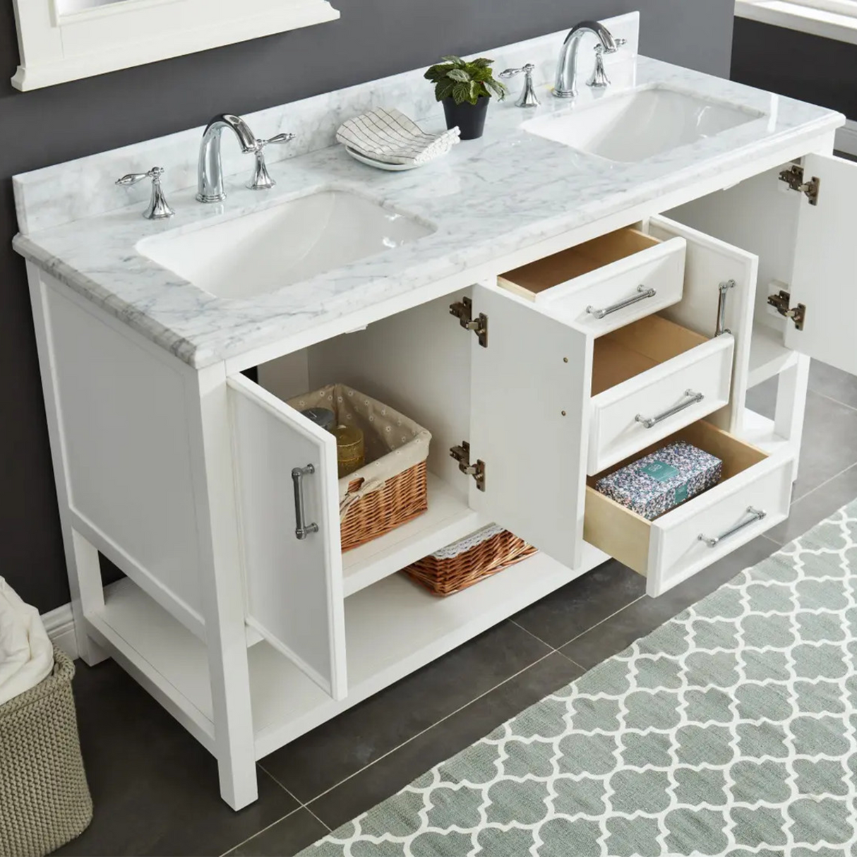 60" Manhattan Freestanding Solid Wood Bathroom Vanity in White with Natural Carrara White Marble Double Sink Top with 4 In. Backsplash