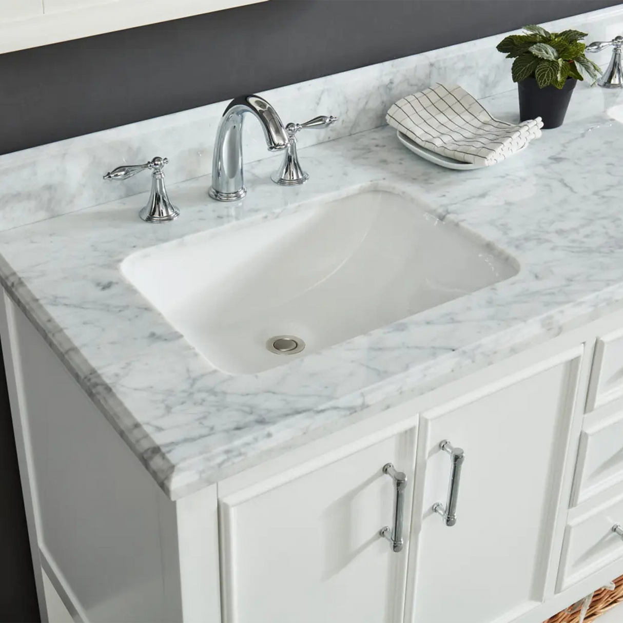 60" Manhattan Freestanding Solid Wood Bathroom Vanity in White with Natural Carrara White Marble Double Sink Top with 4 In. Backsplash