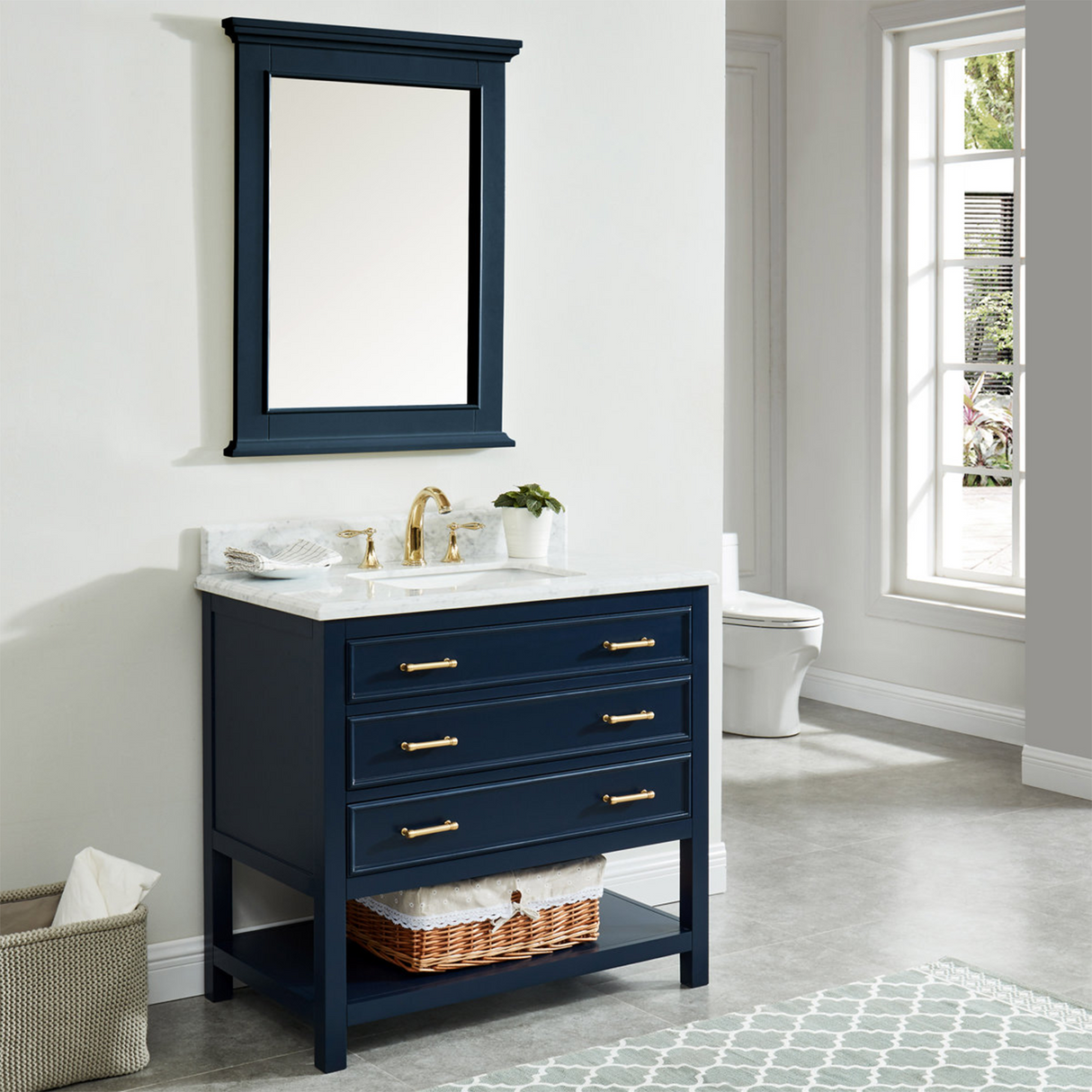 37" Bathroom Vanity in Navy Blue With Sink - Premium Manhattan Family