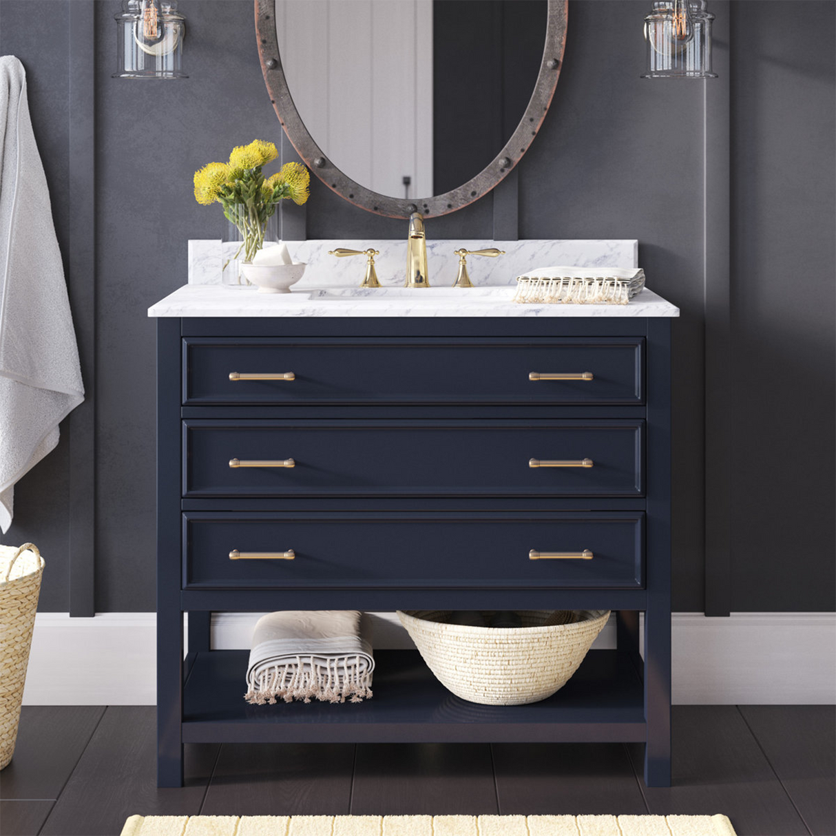 37" Bathroom Vanity in Navy Blue With Sink - Premium Manhattan Family