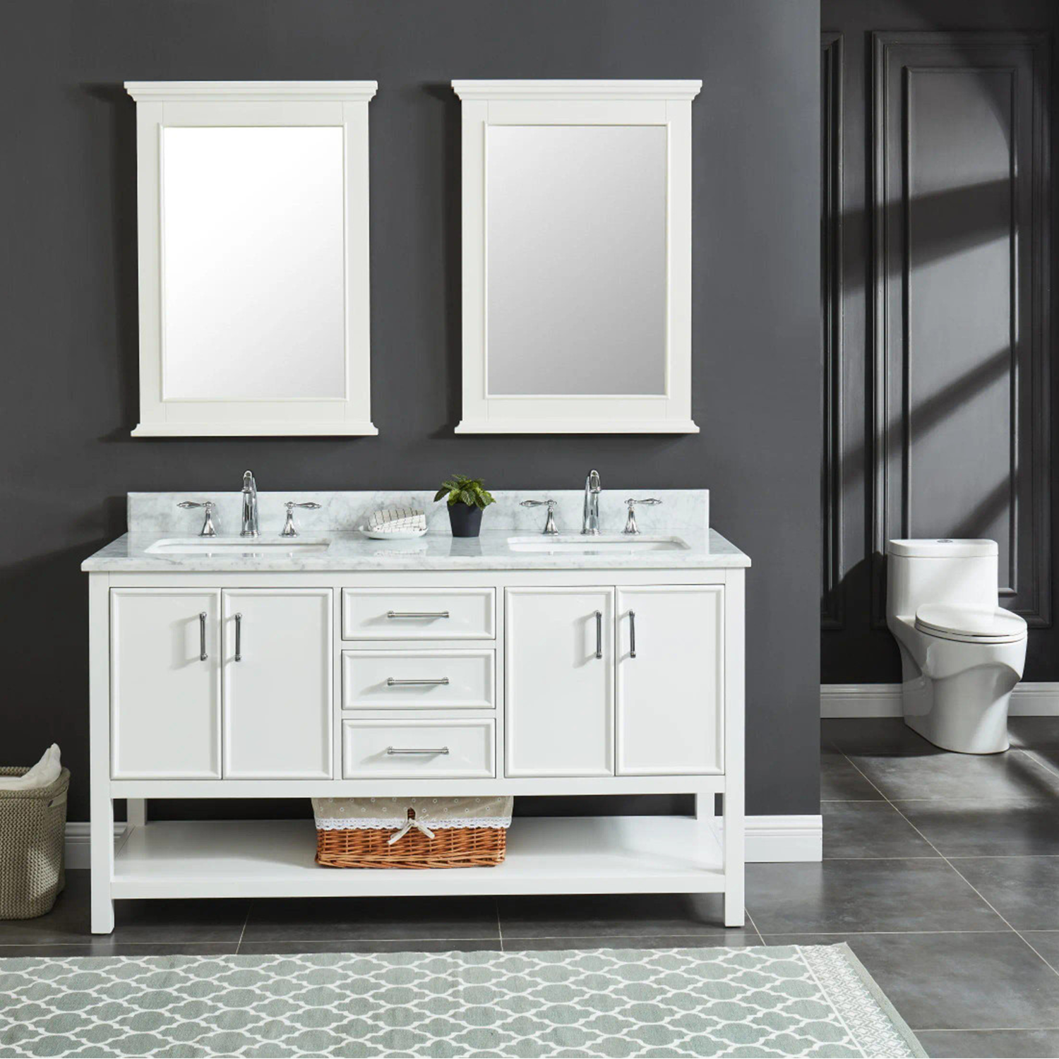 61" Bathroom Vanity in White With Double Sink - Premium Manhattan Family