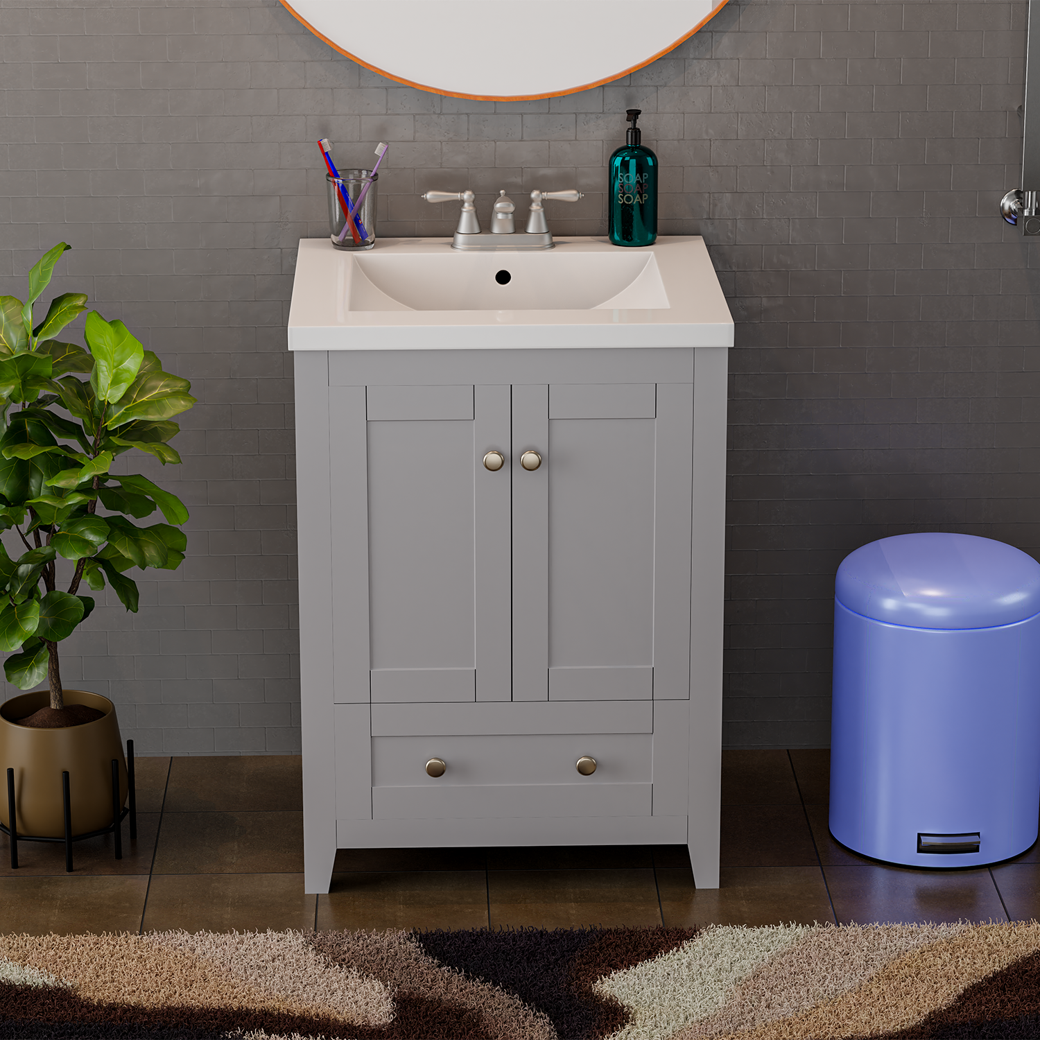 Adak 24 In. Gray Freestanding Bathroom Vanity with Porcelain Sink Top