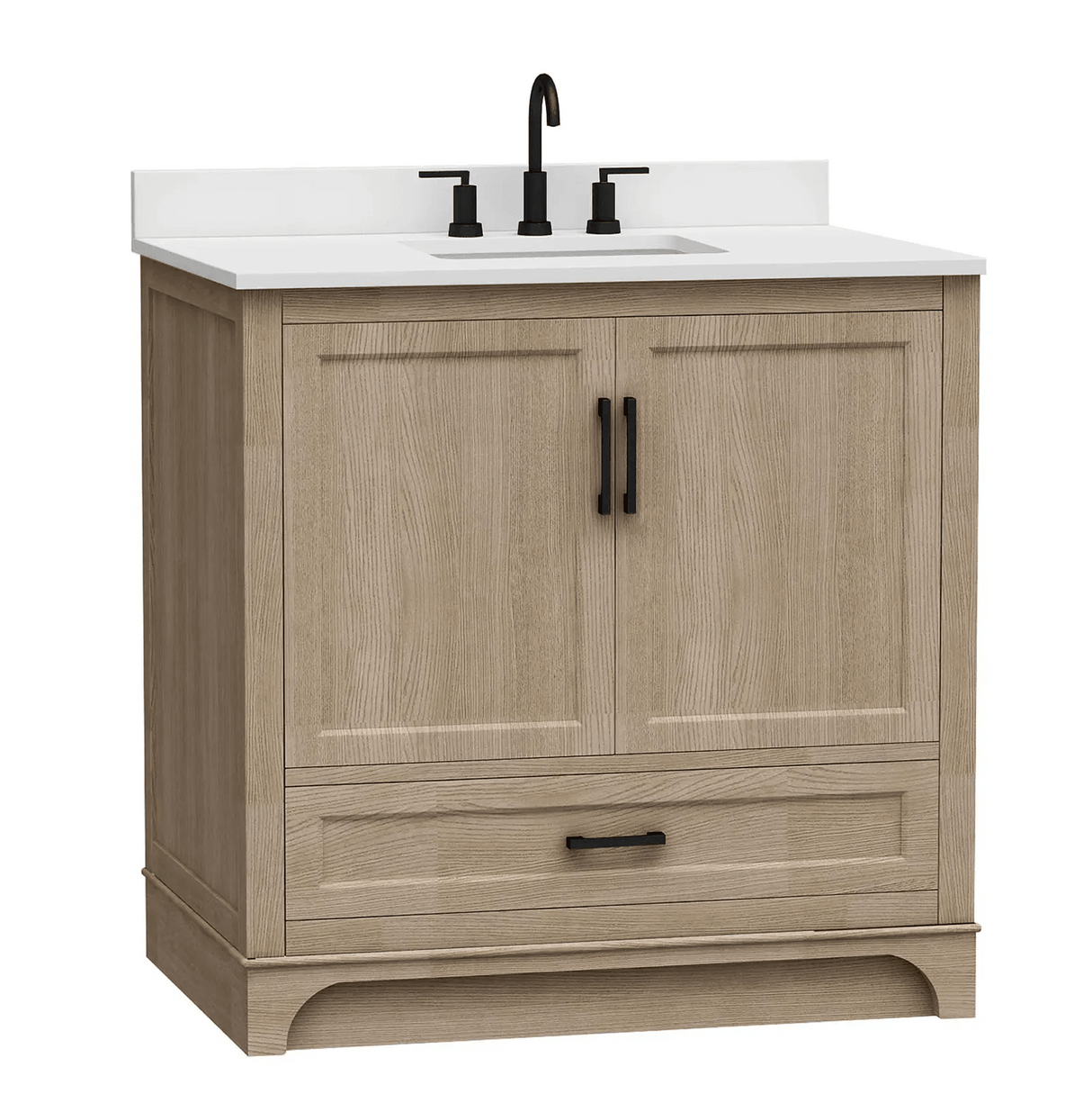 36" Retford Freestanding Solid Wood Bathroom Vanity With Carrara White Engineered Stone Sink Top & 4 In. Backsplash in Light wooden finish