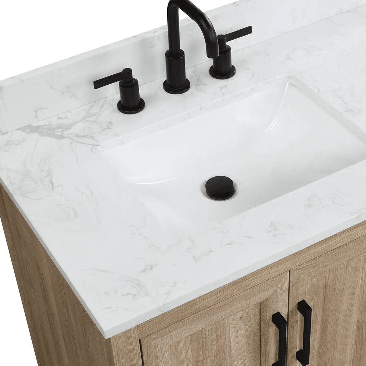 36" Retford Freestanding Solid Wood Bathroom Vanity With Carrara White Engineered Stone Sink Top & 4 In. Backsplash in Light wooden finish