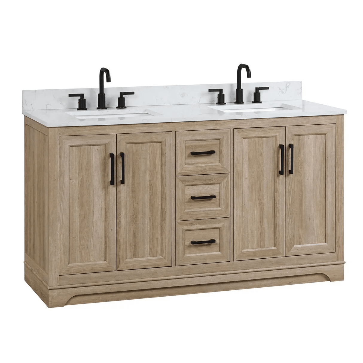 60" Retford Freestanding Solid Wood Bathroom Vanity With Carrara White Engineered Stone Double Sink Top & 4 In. Backsplash in Light wooden finish
