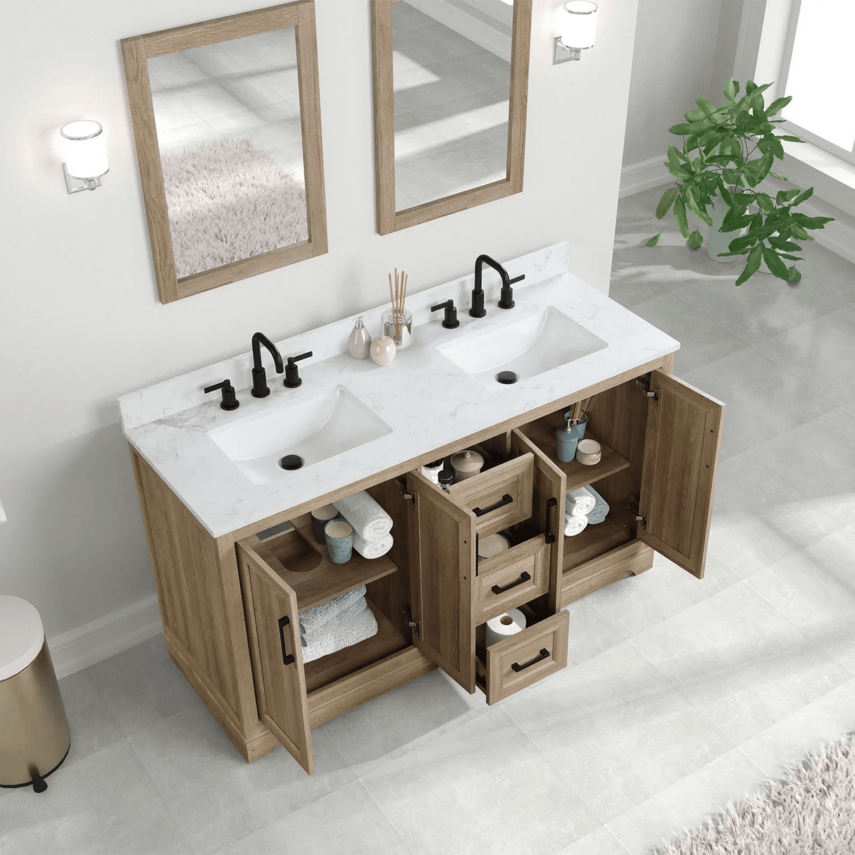 60" Retford Freestanding Solid Wood Bathroom Vanity With Carrara White Engineered Stone Double Sink Top & 4 In. Backsplash in Light wooden finish