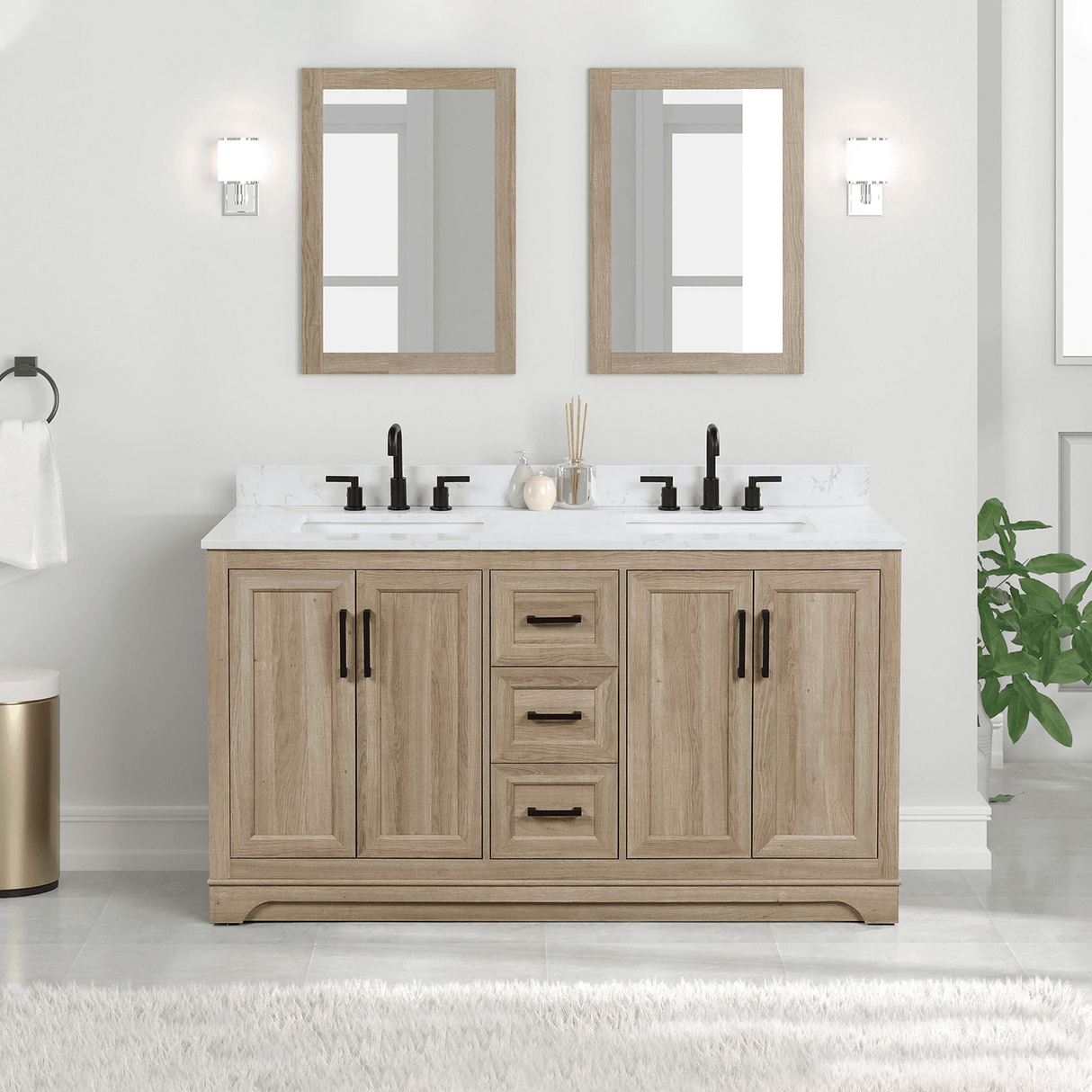 60" Retford Freestanding Solid Wood Bathroom Vanity With Carrara White Engineered Stone Double Sink Top & 4 In. Backsplash in Light wooden finish