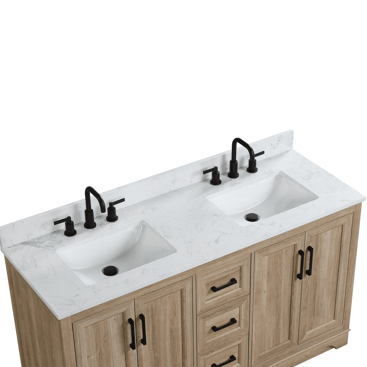 60" Retford Freestanding Solid Wood Bathroom Vanity With Carrara White Engineered Stone Double Sink Top & 4 In. Backsplash in Light wooden finish