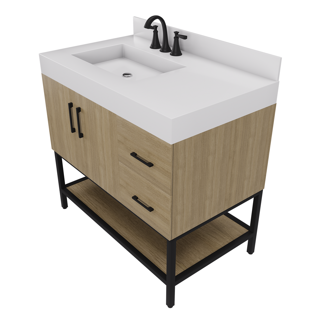 36" Utopia Freestanding Solid Wood Bathroom Vanity Combo with Calacatta Sintered Stone Top with Metal Base with Open Shelf Storage - Dark Oak Finish