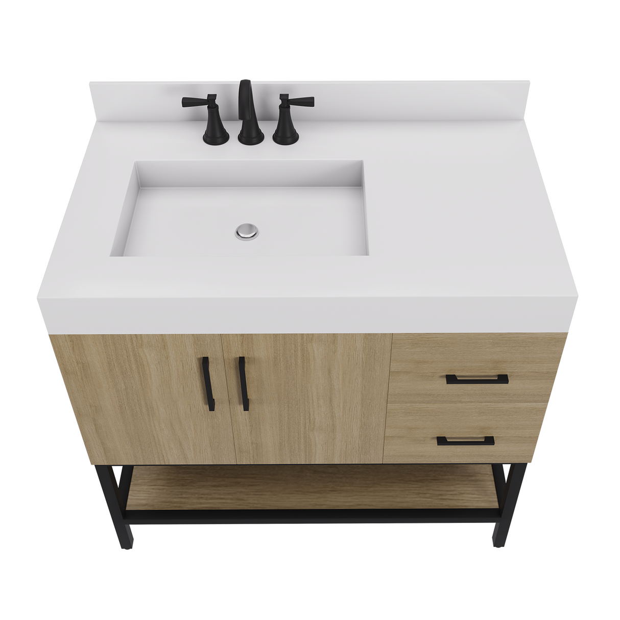 36" Utopia Freestanding Solid Wood Bathroom Vanity Combo with Calacatta Sintered Stone Top with Metal Base with Open Shelf Storage - Dark Oak Finish