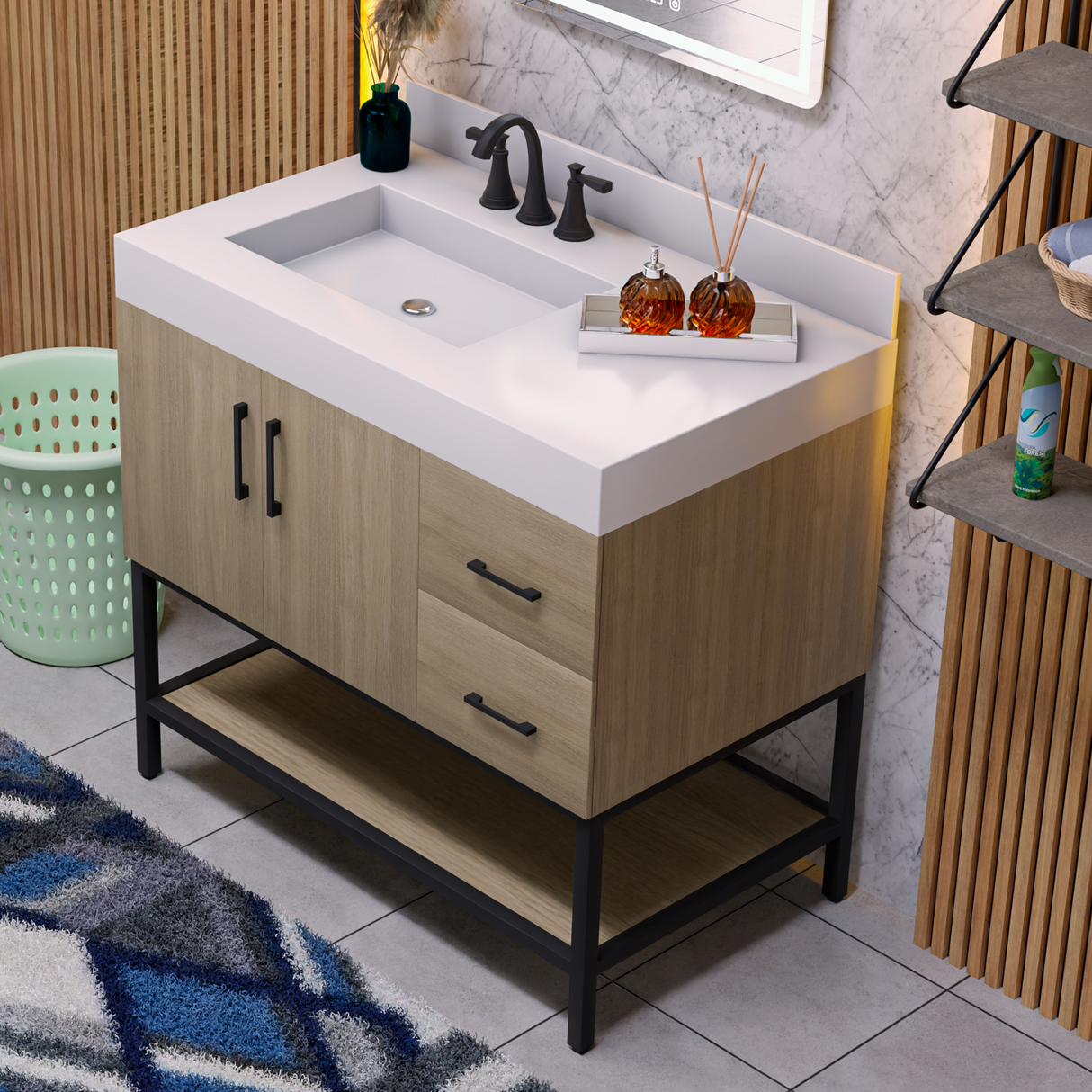 36" Utopia Freestanding Solid Wood Bathroom Vanity Combo with Calacatta Sintered Stone Top with Metal Base with Open Shelf Storage - Dark Oak Finish