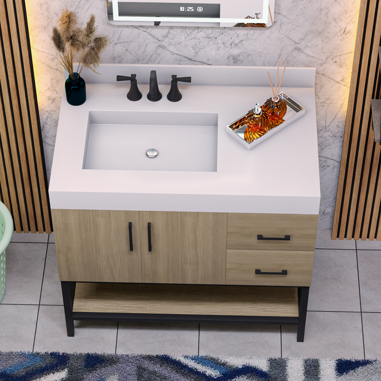 36" Utopia Freestanding Solid Wood Bathroom Vanity Combo with Calacatta Sintered Stone Top with Metal Base with Open Shelf Storage - Dark Oak Finish