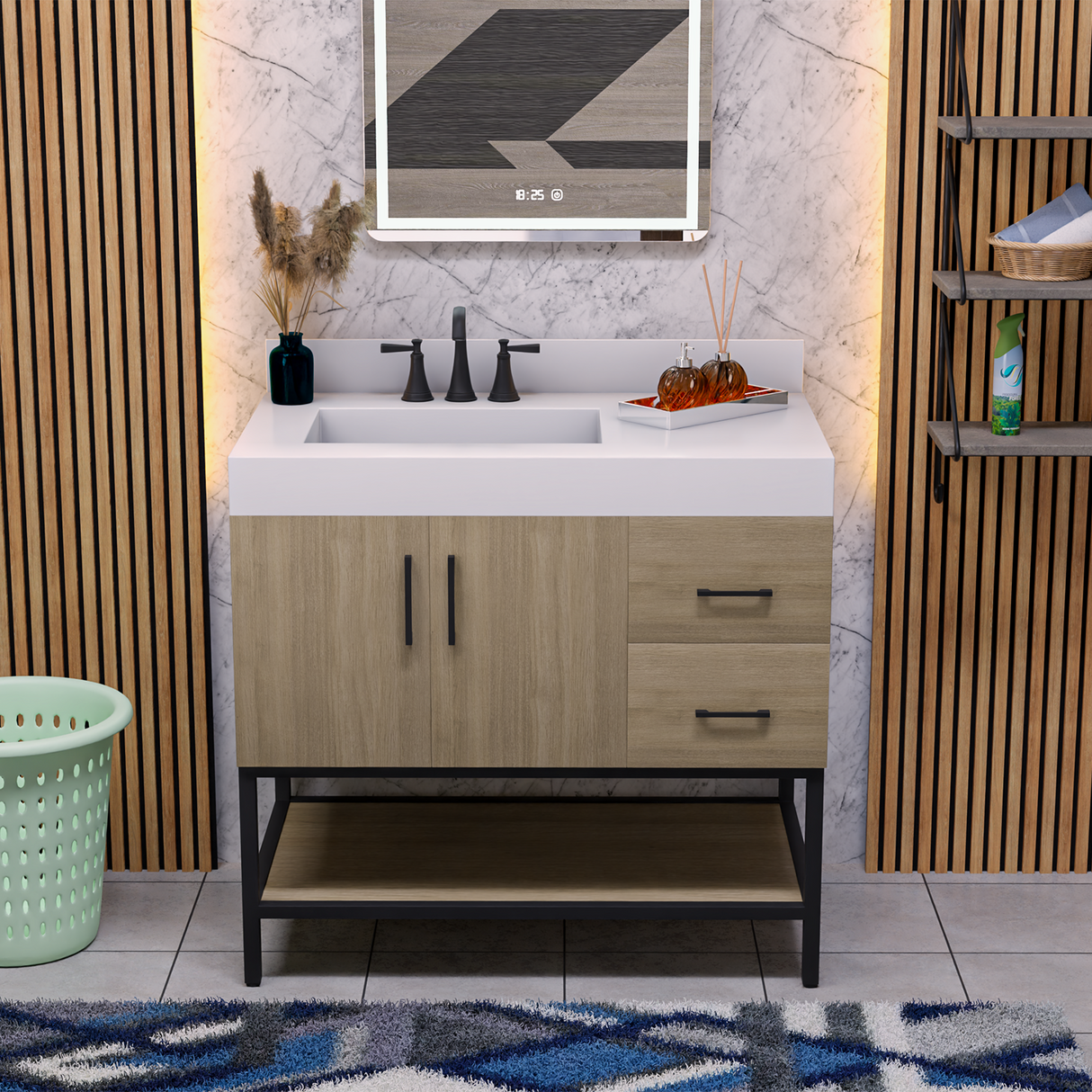 36" Utopia Freestanding Solid Wood Bathroom Vanity Combo with Calacatta Sintered Stone Top with Metal Base with Open Shelf Storage - Dark Oak Finish