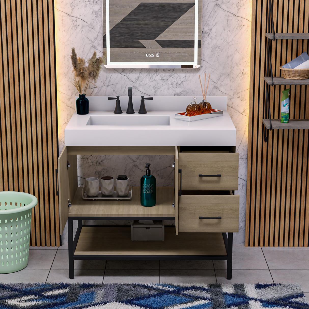 36" Utopia Freestanding Solid Wood Bathroom Vanity Combo with Calacatta Sintered Stone Top with Metal Base with Open Shelf Storage - Dark Oak Finish