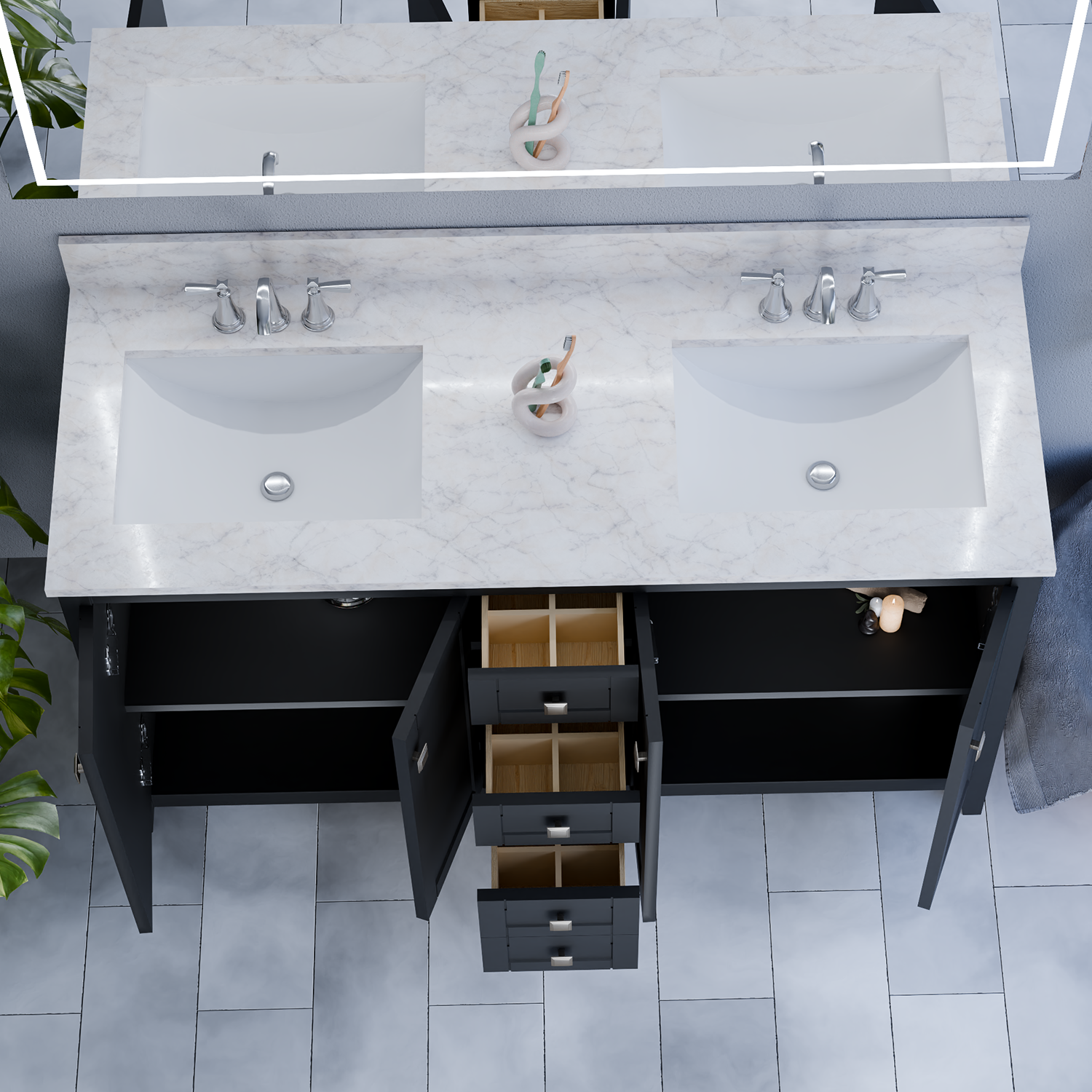 60" Coltrane Espresso Freestanding Solid Wood Bathroom Vanity With Premium Carrara Natural Marble Double Sink Top with 4 In. Backsplash