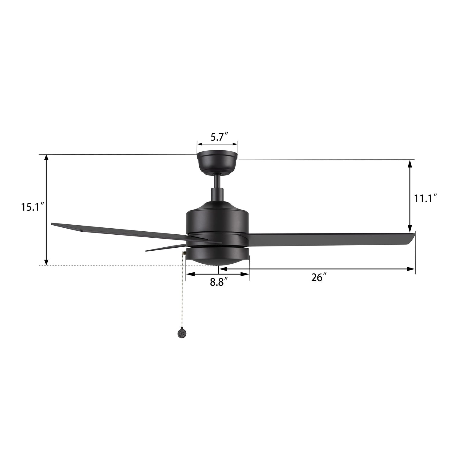 ASCOTT 52 In 3 Blade Smart Ceiling Fan Without  LED  Lights With Pull Chain