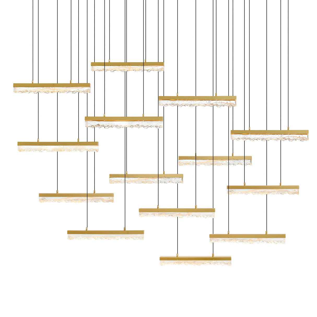 Stagger Integrated LED 60in Brass Chandelier with Handcrafted Glass