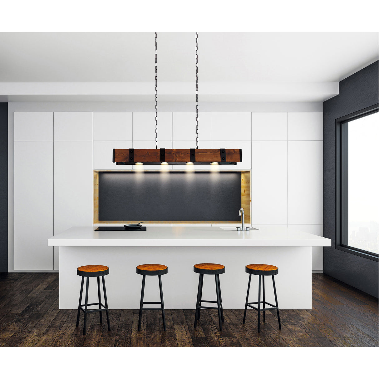 Pago 4 Light 59in Black & Wood Drum Shade Island Light