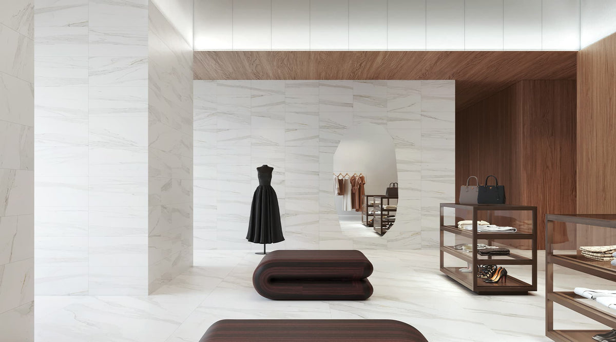 48 x 48 in Majesto Calacatta Borghini Polished Rectified Colorsync Porcelain Tile installed