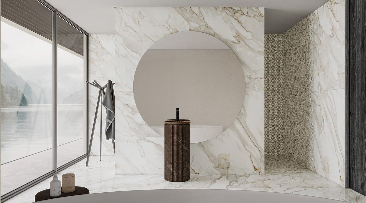 48 x 48 in Majesto Calacatta Oro Honed Rectified Colorsync Porcelain Tile installed