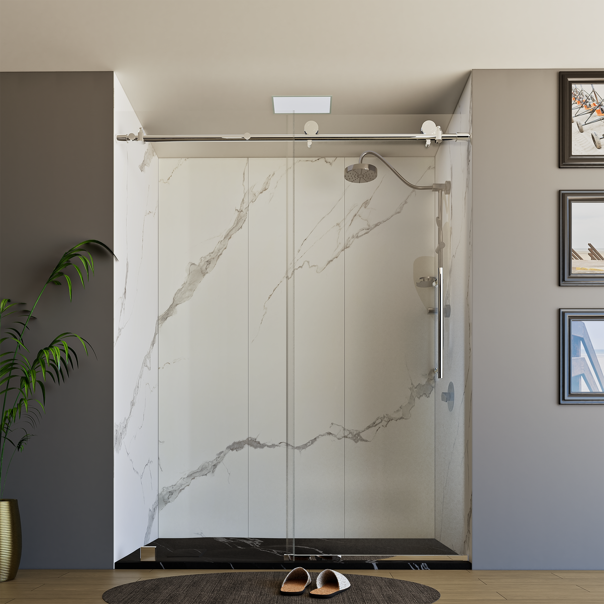 60" x 76" Frameless Shower Door with Chrome - Solid Surface Shower Base Tray - Shower Kit with covered drain - and 5pc Shower Wall System