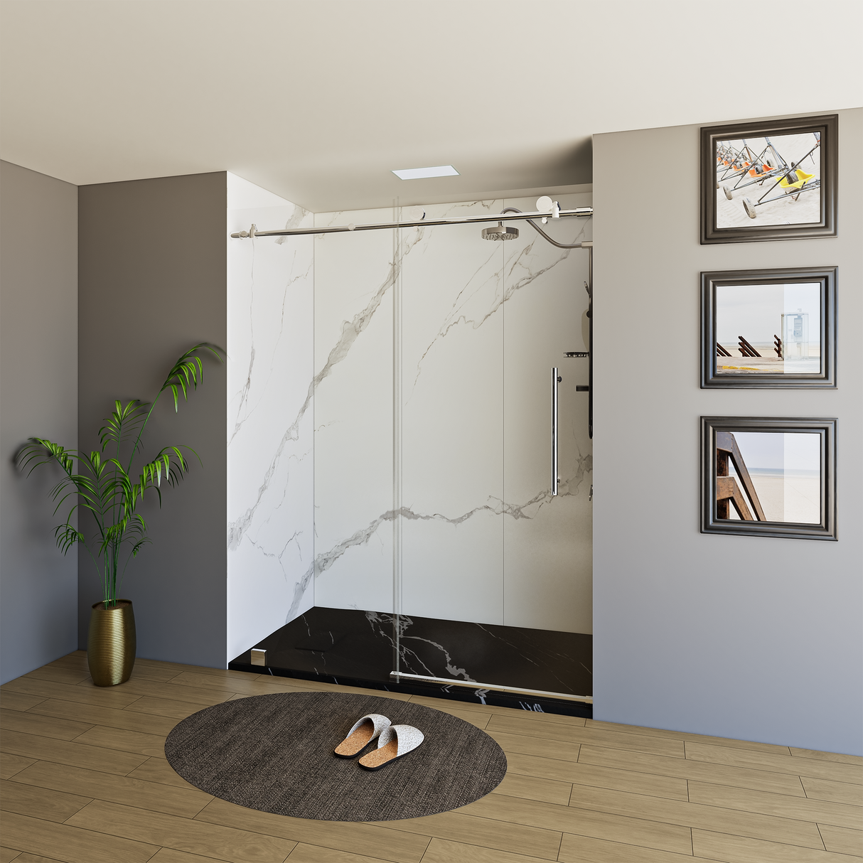 60" x 76" Frameless Shower Door with Chrome - Solid Surface Shower Base Tray - Shower Kit with covered drain - and 5pc Shower Wall System