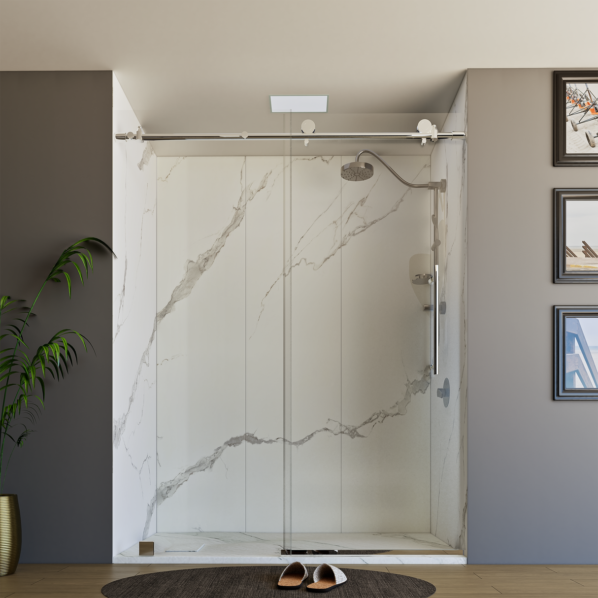 60" x 76" Frameless Shower Door with Chrome - Solid Surface Shower Base Tray - Shower Kit with covered drain - and 5pc Shower Wall System