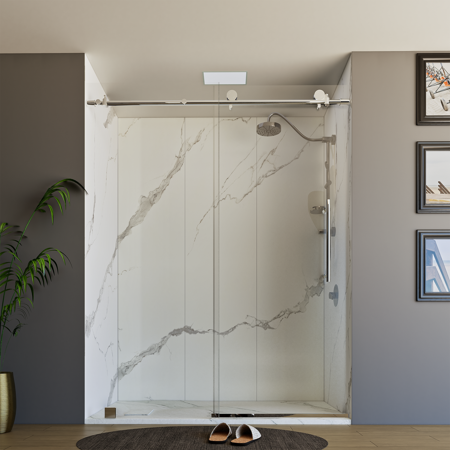 60" x 76" Frameless Shower Door with Chrome - Solid Surface Shower Base Tray - Shower Kit with covered drain - and 5pc Shower Wall System