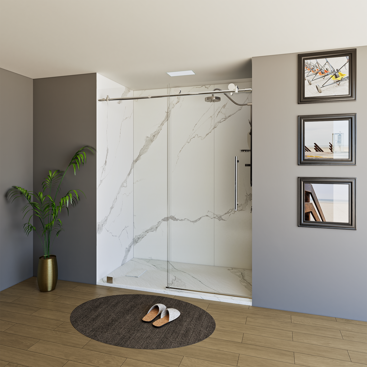 60" x 76" Frameless Shower Door with Chrome - Solid Surface Shower Base Tray - Shower Kit with covered drain - and 5pc Shower Wall System