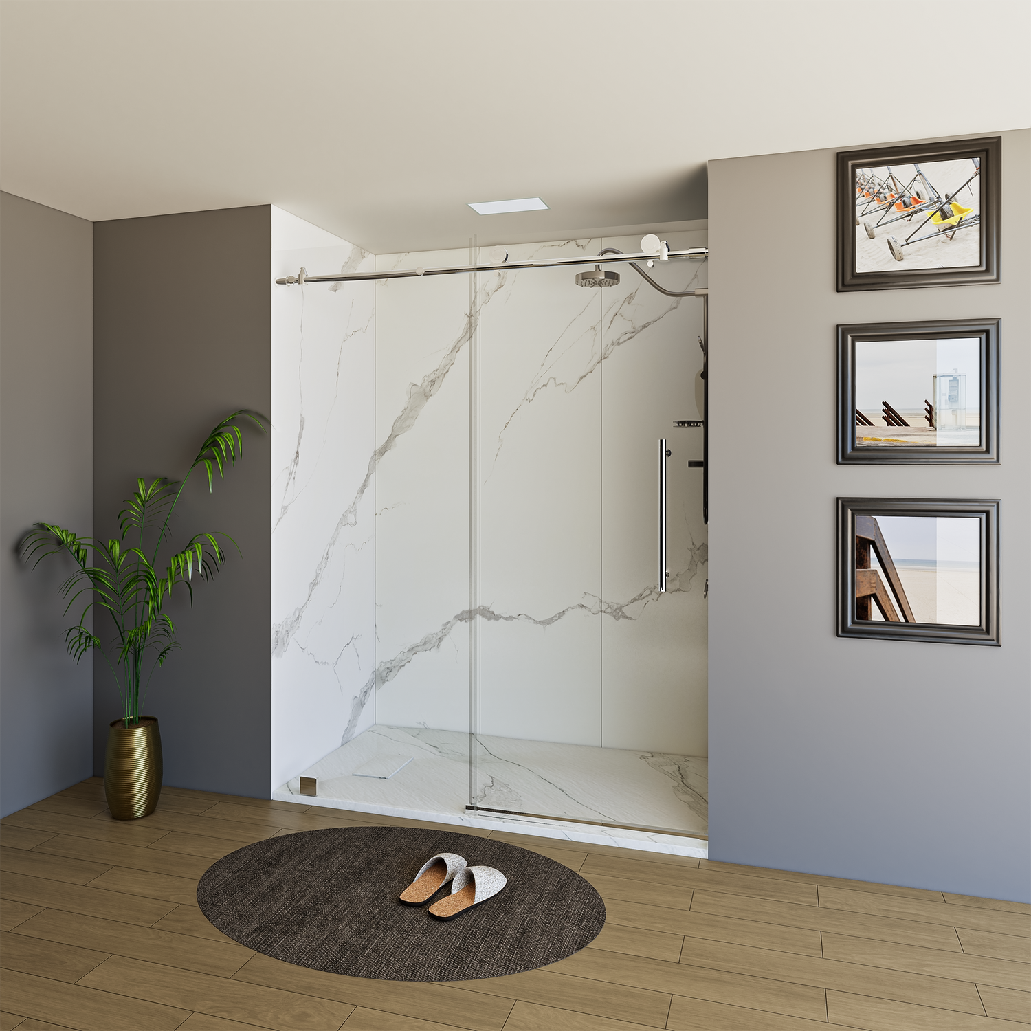 60" x 76" Frameless Shower Door with Chrome - Solid Surface Shower Base Tray - Shower Kit with covered drain - and 5pc Shower Wall System