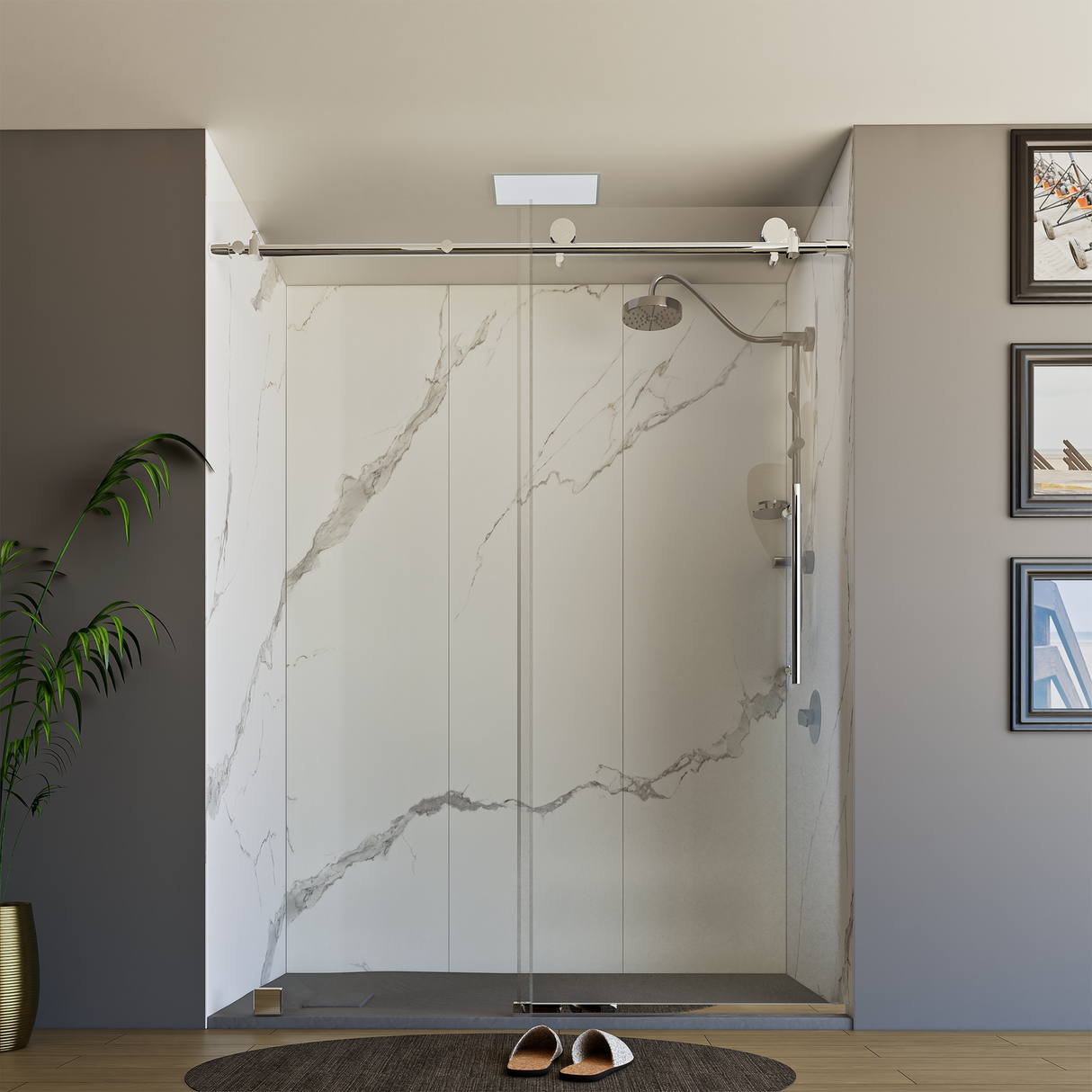 60" x 76" Frameless Shower Door with Chrome - Solid Surface Shower Base Tray - Shower Kit with covered drain - and 5pc Shower Wall System
