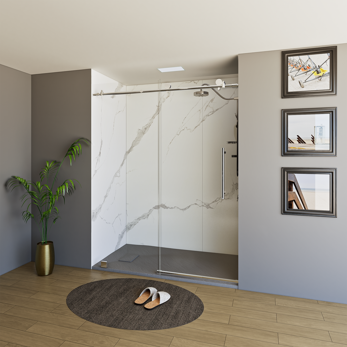 60" x 76" Frameless Shower Door with Chrome - Solid Surface Shower Base Tray - Shower Kit with covered drain - and 5pc Shower Wall System