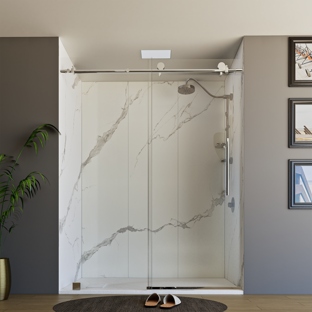 60" x 76" Frameless Shower Door with Chrome - Solid Surface Shower Base Tray - Shower Kit with covered drain - and 5pc Shower Wall System