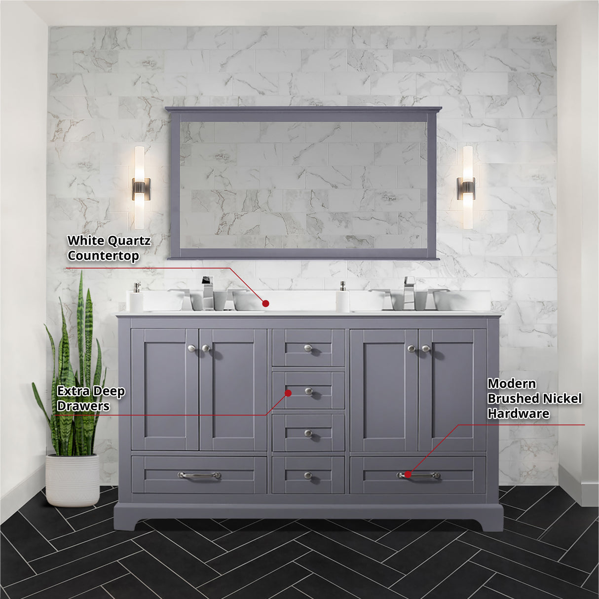 Dukes 60" Dark Grey Double Vanity, White Quartz Top, White Square Sinks and 58" Mirror w/ Faucets
