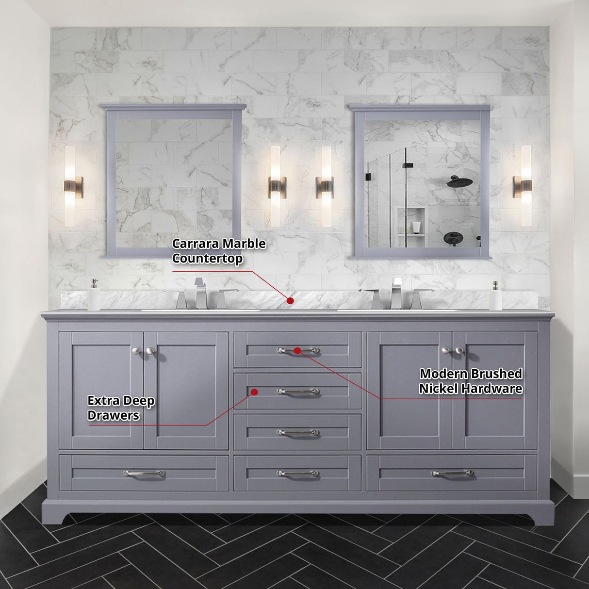 Dukes 80 in. Freestanding Bathroom Vanity with White Carrara Marble Top, White Square Sink