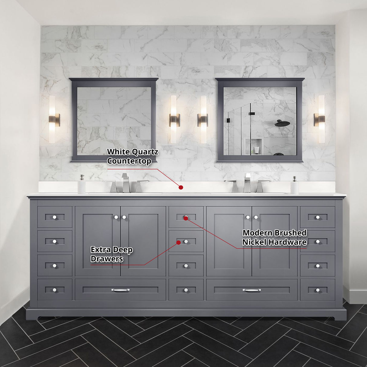 Dukes 84" Dark Grey Double Vanity, White Quartz Top, White Square Sinks and 34" Mirrors