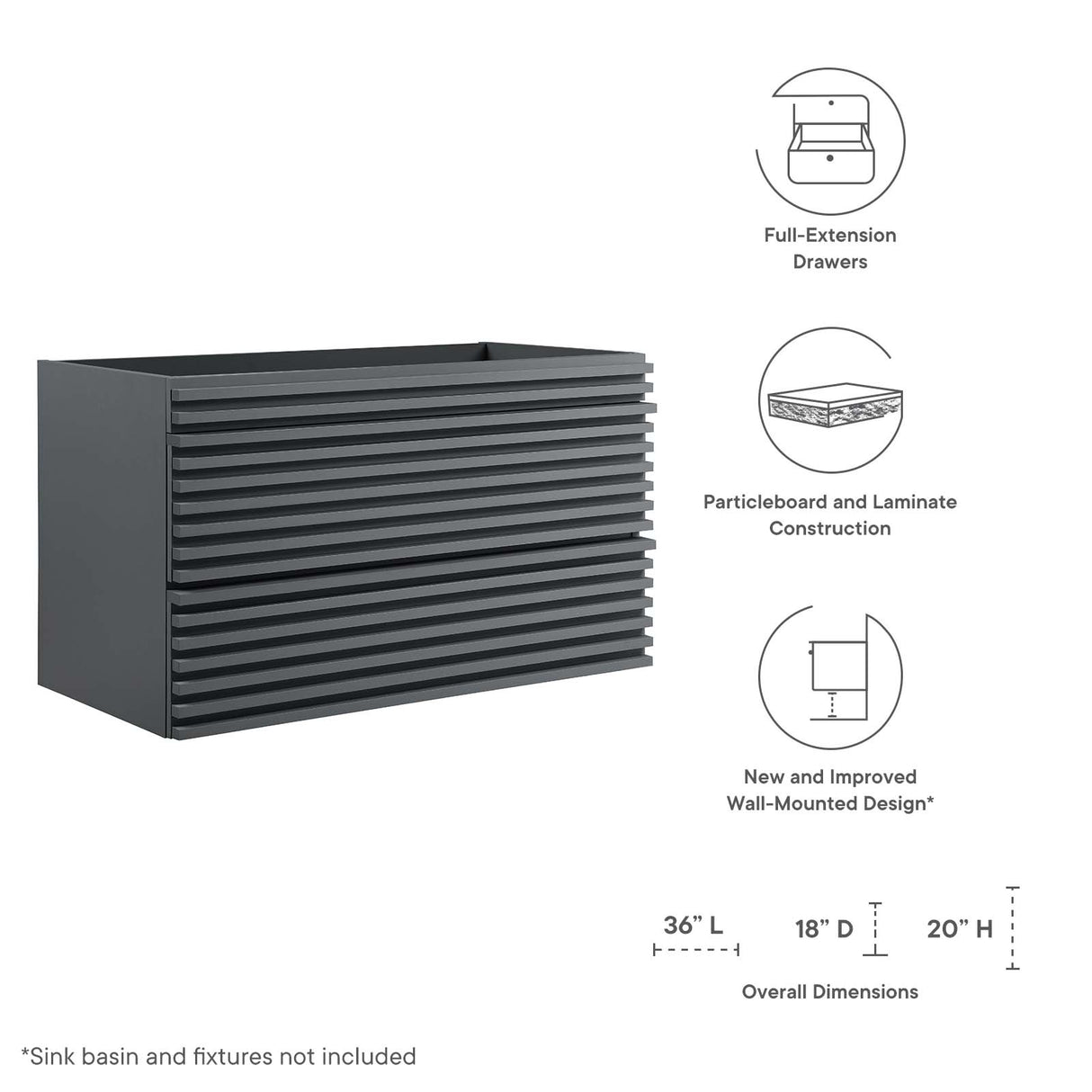 Render 36" Wall-Mount Bathroom Vanity Cabinet (Sink Basin Not Included)