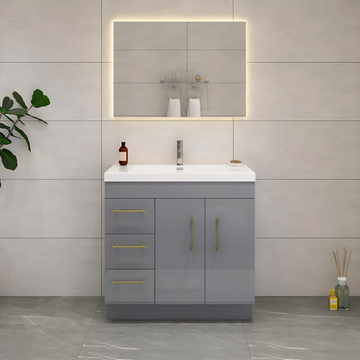 Elsa 42" Glossy Gray Freestanding Vanity with Reinforced White Acrylic Sink - Left Side Drawers