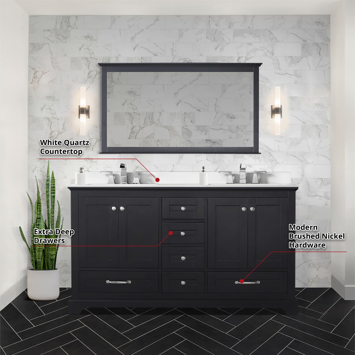 Dukes 60" Espresso Double Vanity, White Quartz Top, White Square Sinks and 58" Mirror w/ Faucets